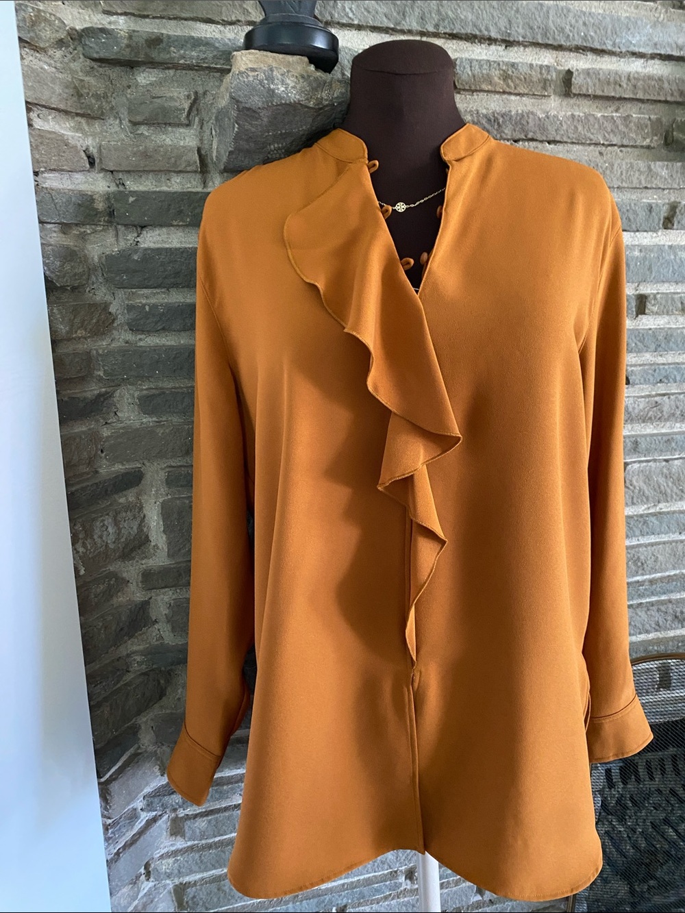 Ralph Lauren Ruffle Front Blouse shirt top tunic copper popover pullover med